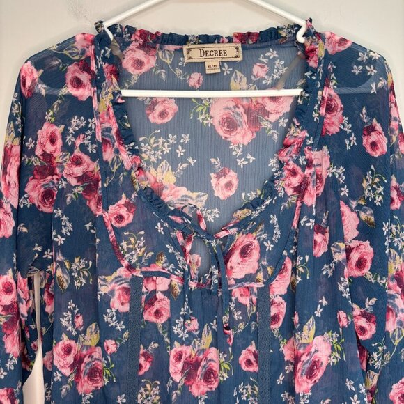 DECREE Peasant Scoop Neck Crepe Blouse Women XL Floral Teal Pink 3/4 Sleeve Boho - Picture 6 of 9